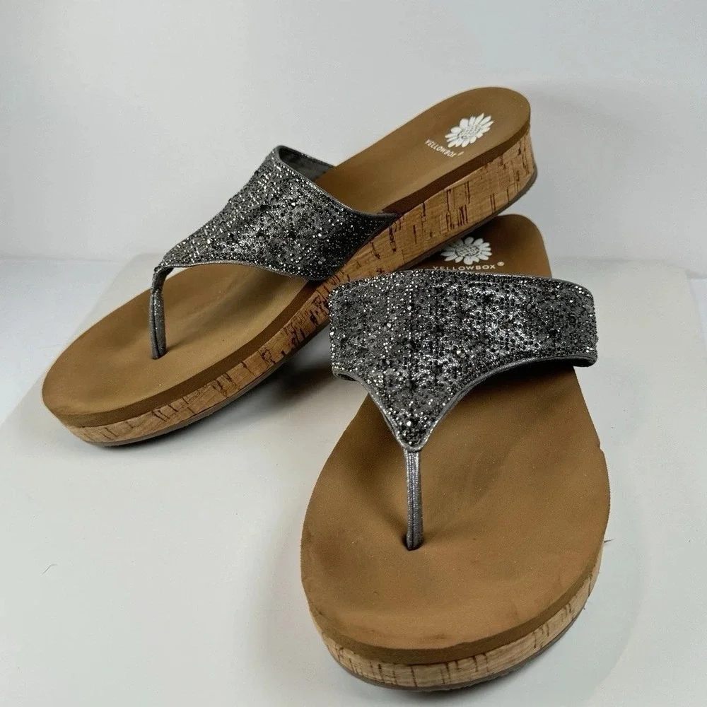 Yellow Box Crystal Wedge Sandals Sz‎ 7 Silver Glitter Rhinestone Flip Flops